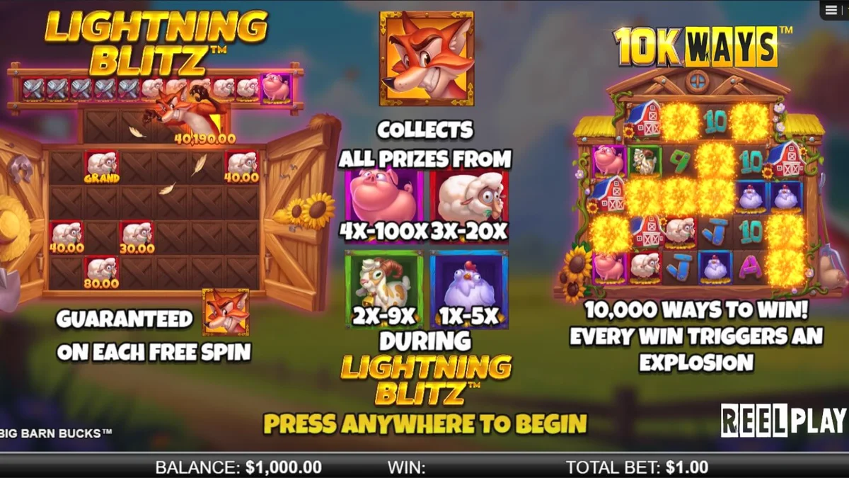 Big Barn Bucks slot machine interface na may mga hayop sa bukid