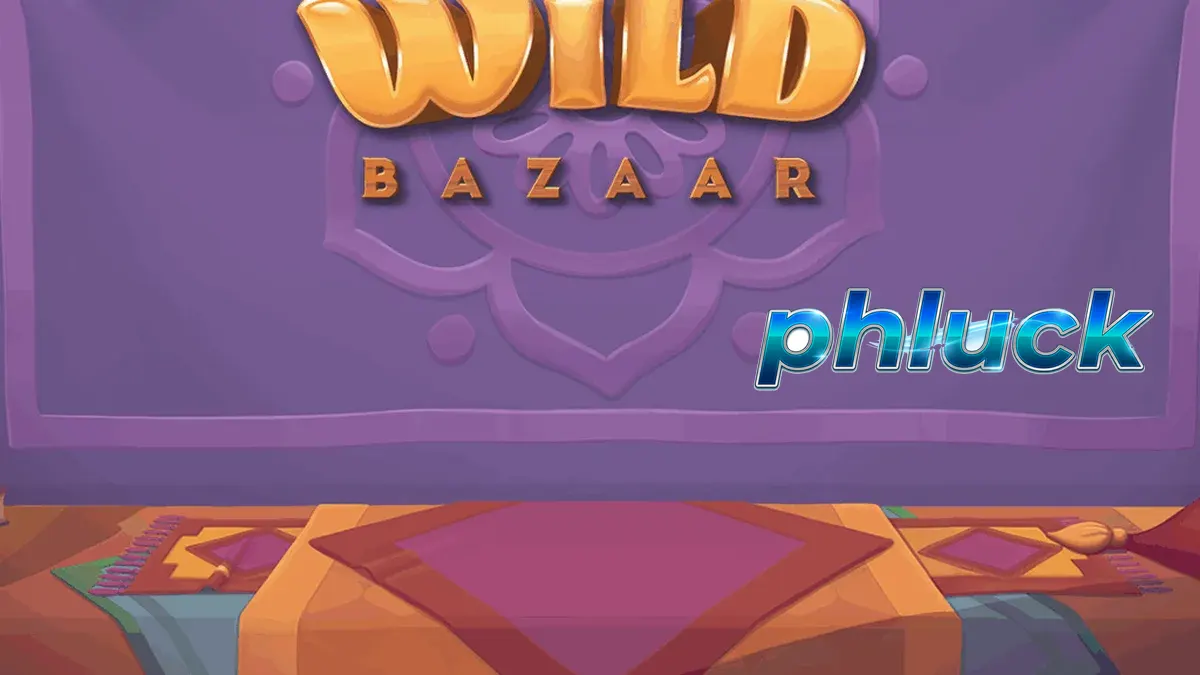 Makulay na disenyo ng Wild Bazaar slot machine na may mga chest at reels.